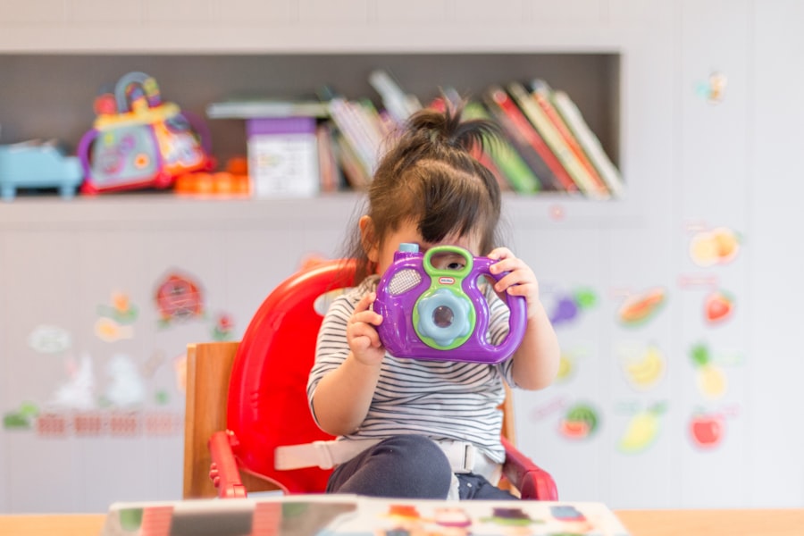 Toddlers playing with bright colorful toys